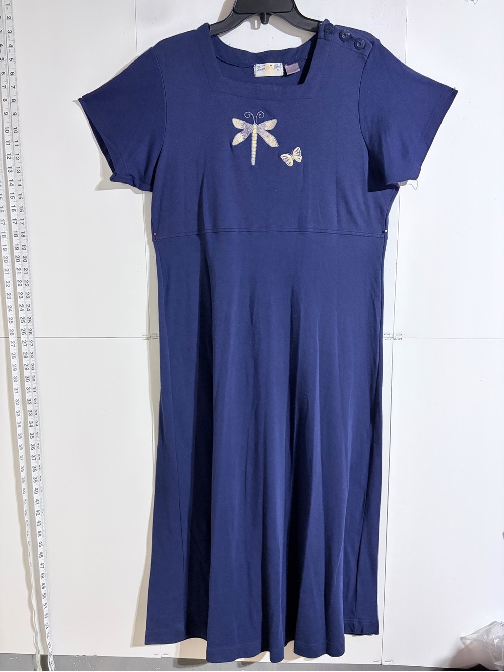Navy Dragonfly Embroidered Short-Sleeve Dress